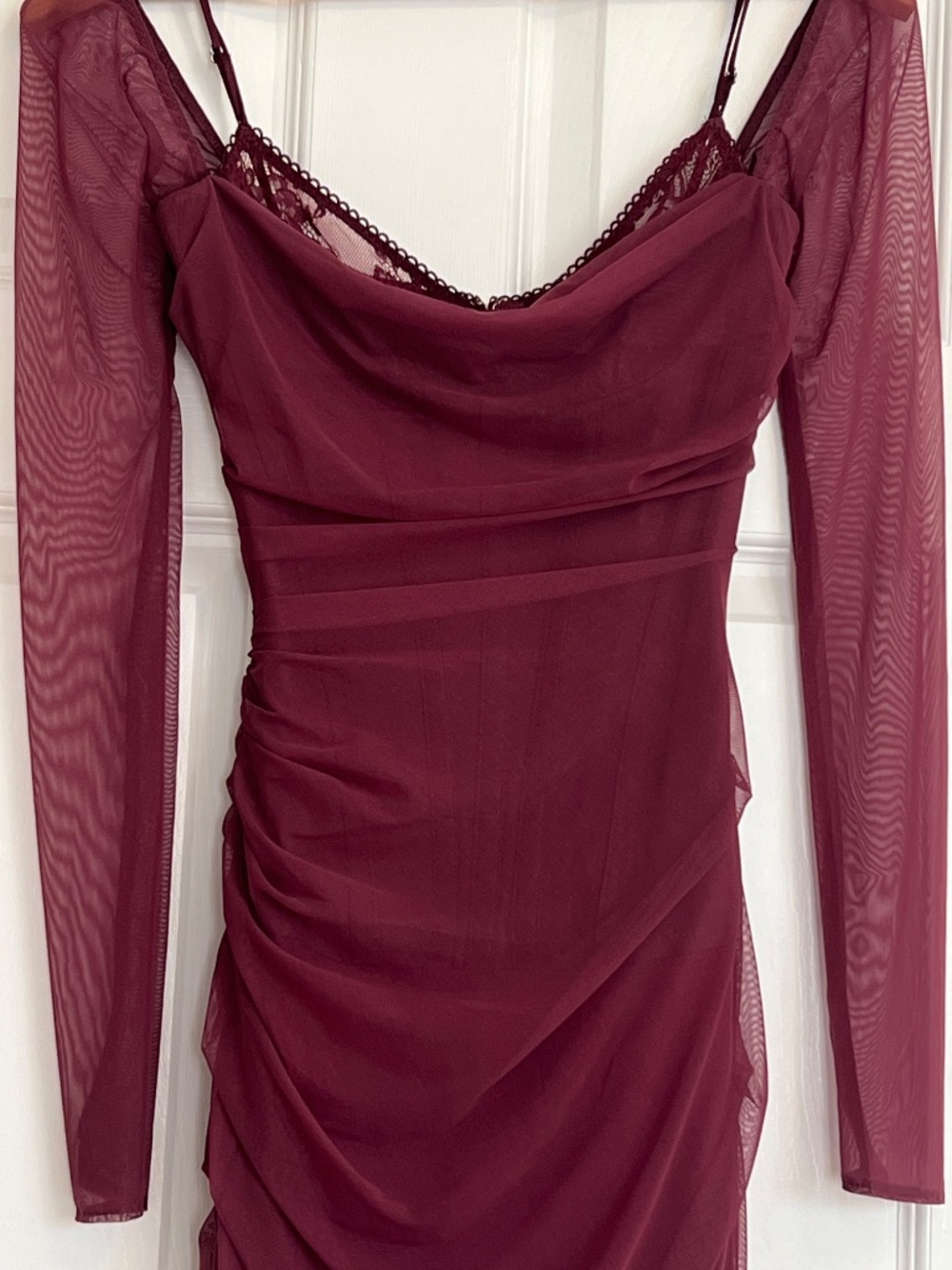 House of CB Burgundy Long Sleeve Mesh Gown - Picture 6 of 12